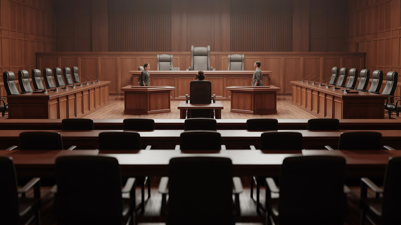 Modern courtroom interior with polished wood furnishings